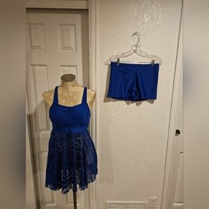 Elegant Blue Lace Swimsuit with Matching Swimshorts Size Large